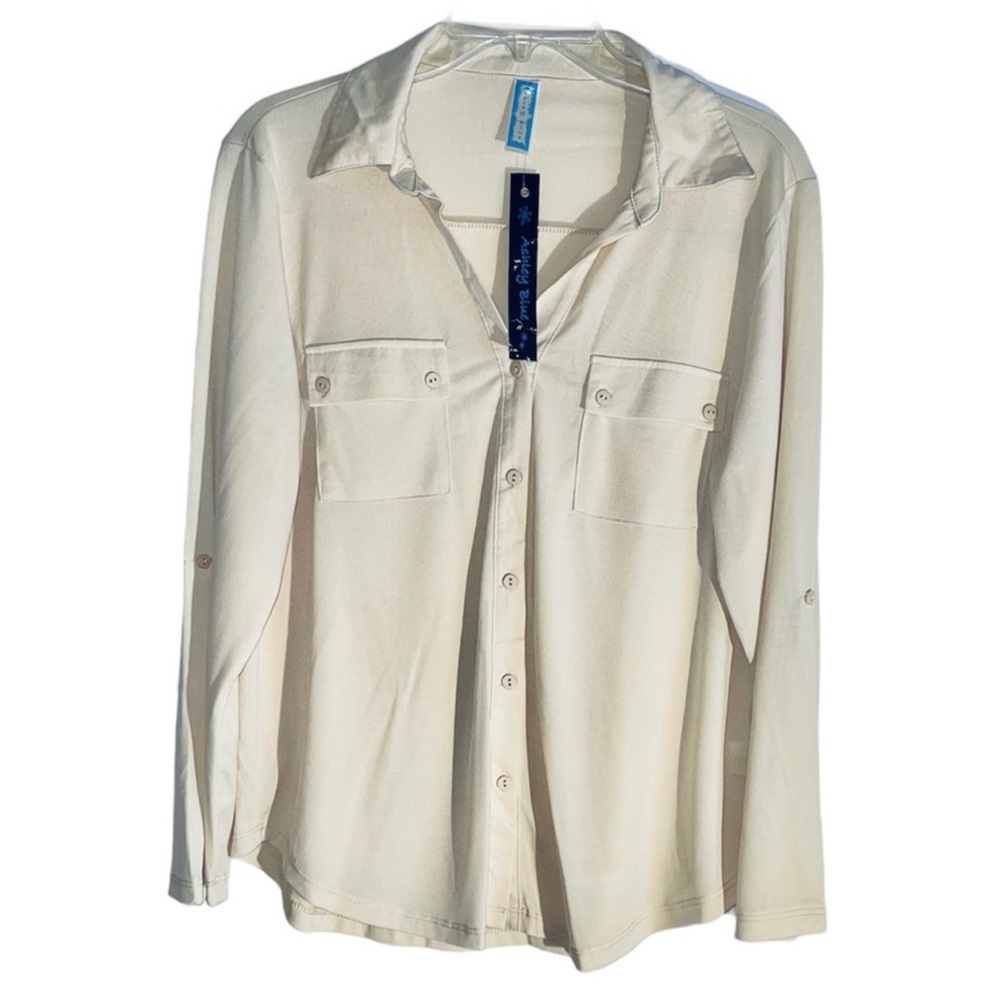 Ashley Blue Cream Ecru Button Down Blouse Sz XL